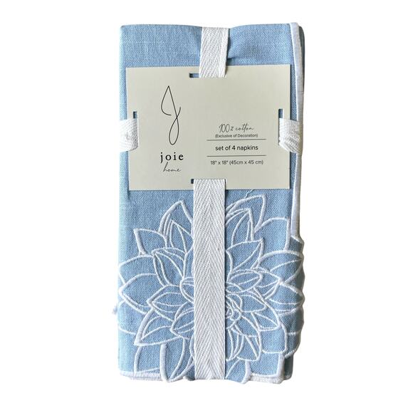 J JOIE Embroidered Flower Napkins 18x18 Pastel Blue & White Cotton Set of 4 NEW - Picture 1 of 10